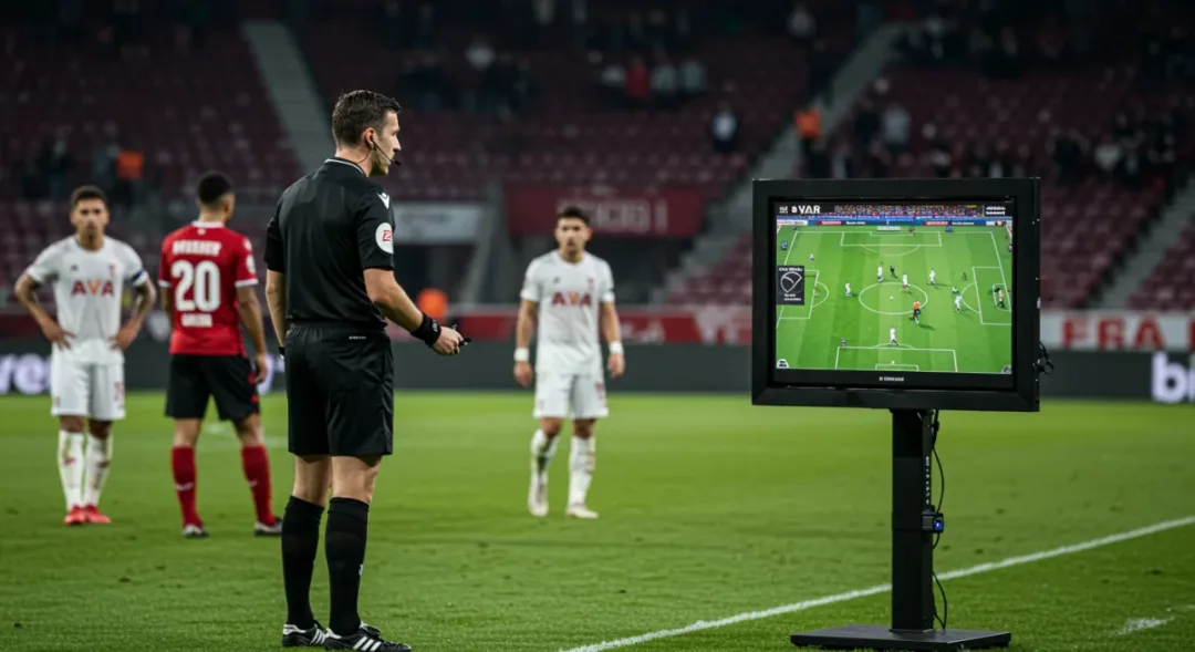Referee reviewing controversial VAR decision on monitor during a European football match