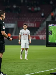 Referee reviewing controversial VAR decision on monitor during a European football match