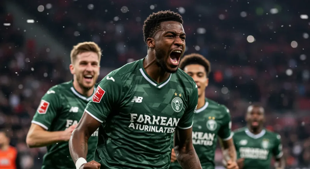 Player celebrating a crucial goal with teammates, European football celebration