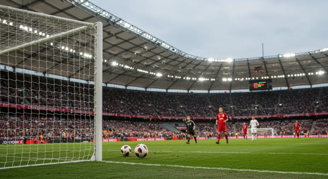 Football striking net, game-winning goal celebration, European league stadium