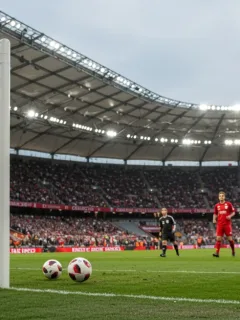 Football striking net, game-winning goal celebration, European league stadium