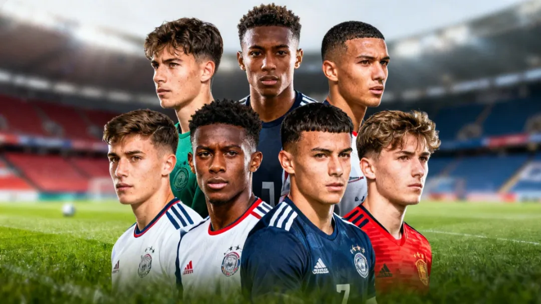 Seven diverse young football players showcasing their potential for major transfers