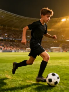 Young football talent dribbling on a pitch, symbolizing future European transfers