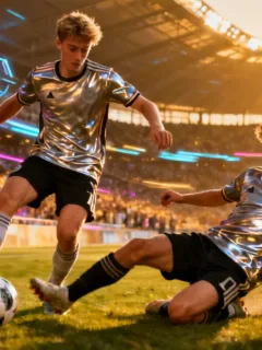 Two dynamic European midfielders displaying skills on a football pitch, representing the future of the complete midfielder role.