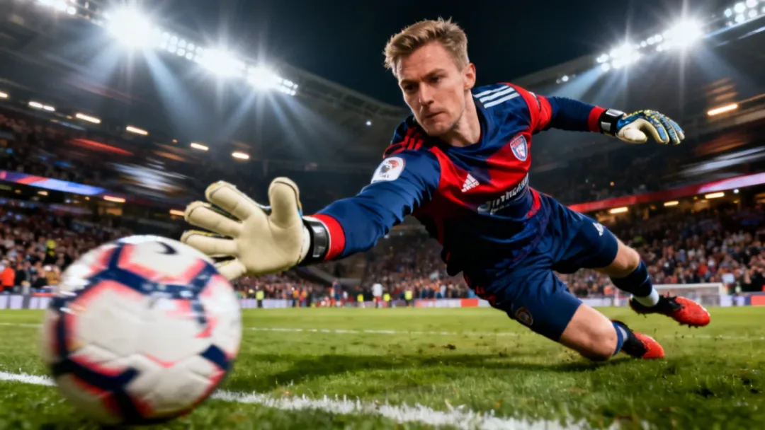 European goalkeeper making a diving save, demonstrating agility and modern goalkeeping techniques.