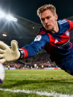 European goalkeeper making a diving save, demonstrating agility and modern goalkeeping techniques.