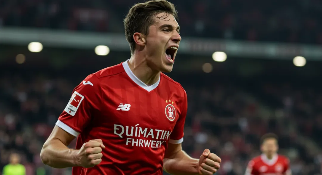 Young striker celebrates scoring a crucial goal in a European league match, showcasing emerging talent.