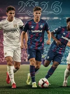 Dynamic montage of young European football talents on the pitch, symbolizing future stars of 2026.