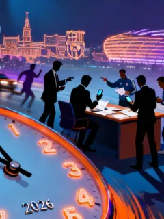 Dynamic scene illustrating the urgency of the January Transfer Deadline 2026 with a clock and football club logos.
