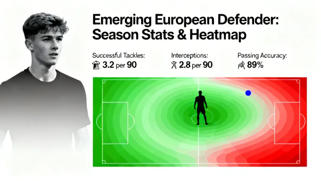 Tactical analysis board showing key performance indicators for an emerging European defender.