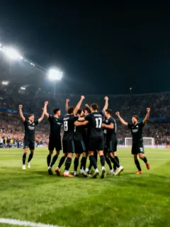 Thrilling European football comeback celebration in a packed stadium