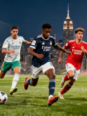 Five promising young European soccer talents under 21, ready for a 2026 MLS transfer, depicted in dynamic action shots.