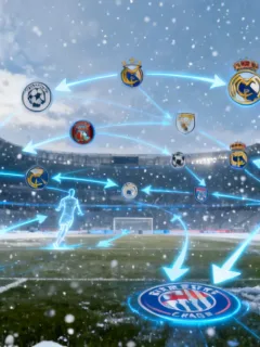 Futuristic stadium with transfer market graphics, symbolizing the 2026 January window predictions.