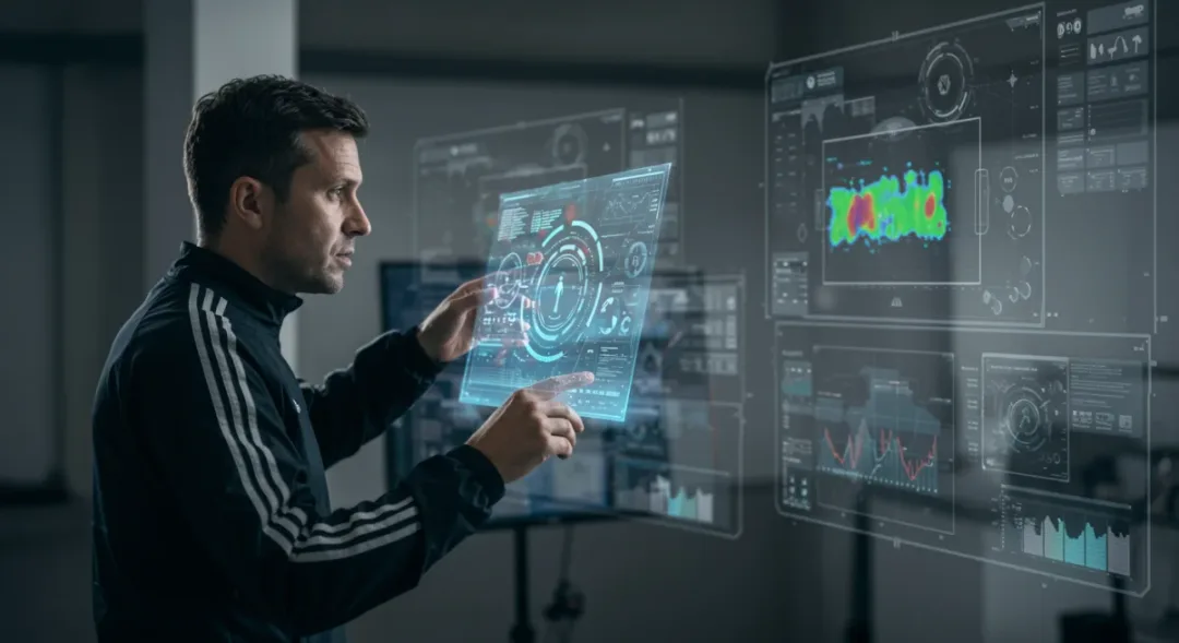 Football coach analyzing advanced player data and tactical analytics on holographic displays.