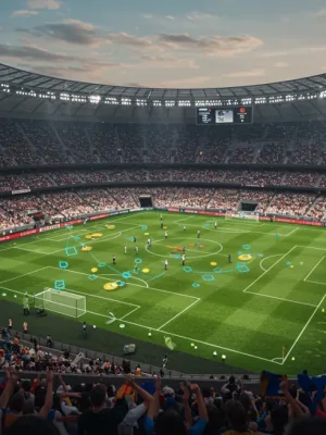 Strategic football formation illuminated on a pitch in a packed stadium, representing future European League dominance.