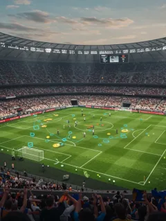 Strategic football formation illuminated on a pitch in a packed stadium, representing future European League dominance.