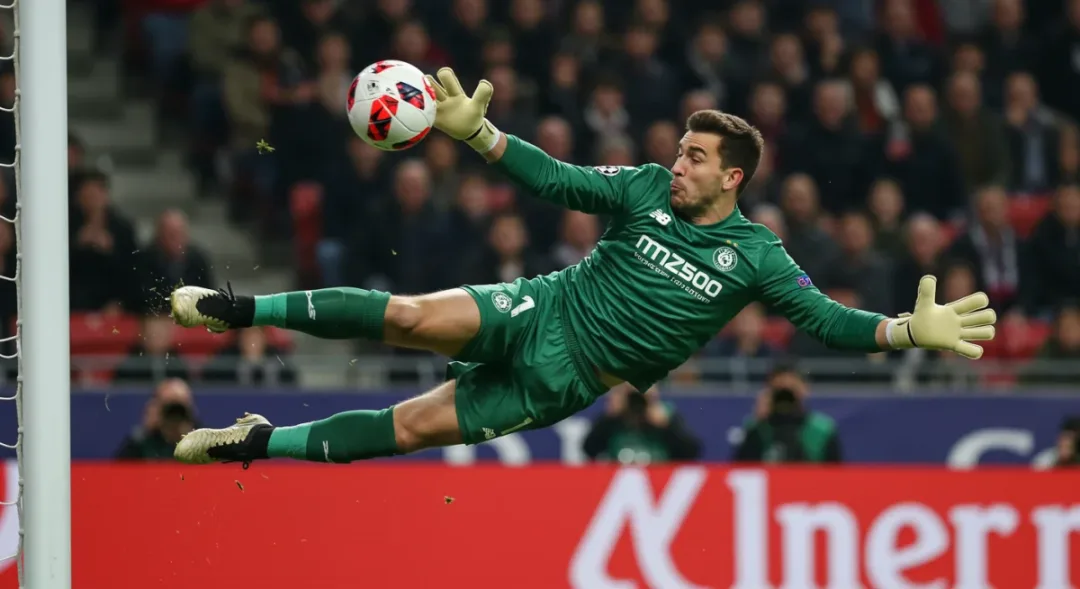 Goalkeeper makes a dramatic, full-stretch save in a crucial moment.