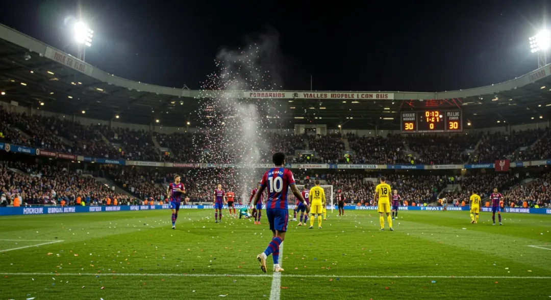 Dynamic football stadium scene with celebrating player and illuminated pitch.