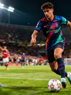 Dynamic European midfielder controlling the ball on the pitch
