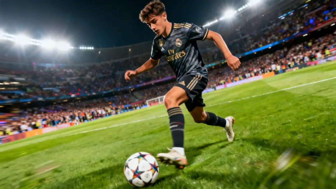 Dynamic young football talent dribbling on a stadium pitch
