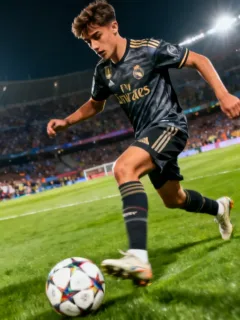 Dynamic young football talent dribbling on a stadium pitch