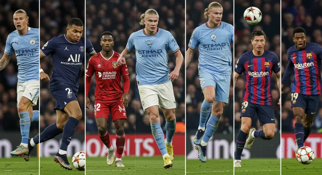 Star players from top European football clubs in action.