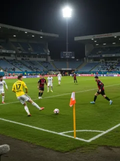 Football player delivering a corner kick during a high-stakes match, showcasing strategic set piece execution.