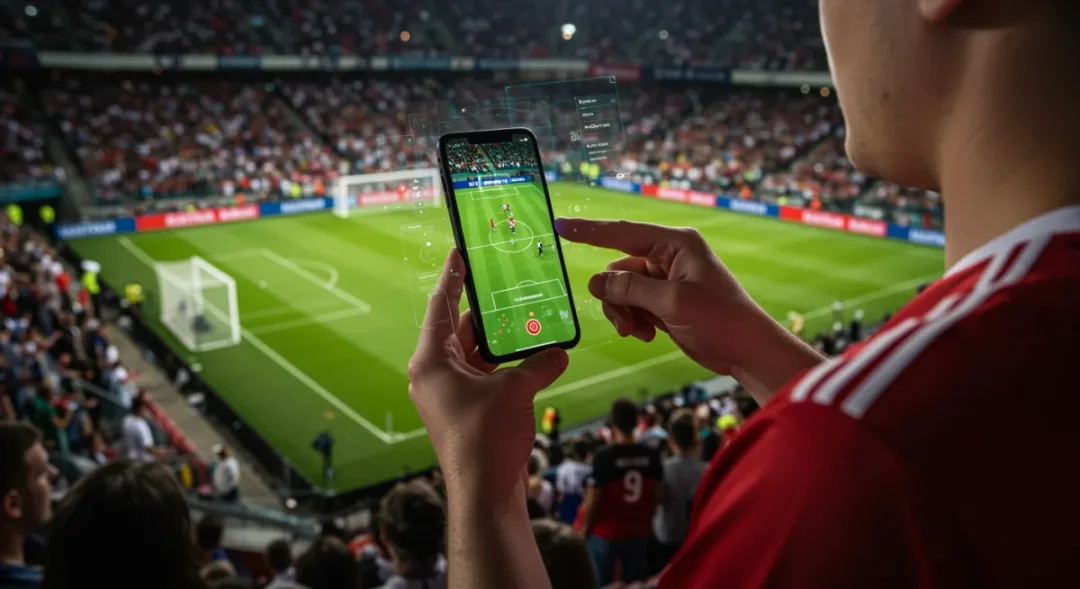 Fan using augmented reality app at a football match