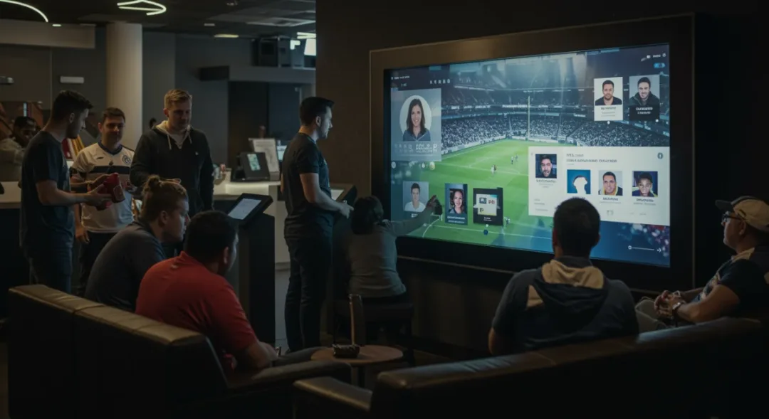 Fans interacting with digital content in a stadium lounge