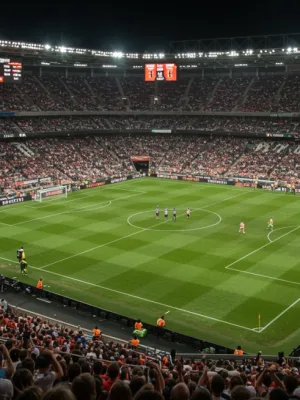 Vibrant football stadium with cheering fans and digital displays