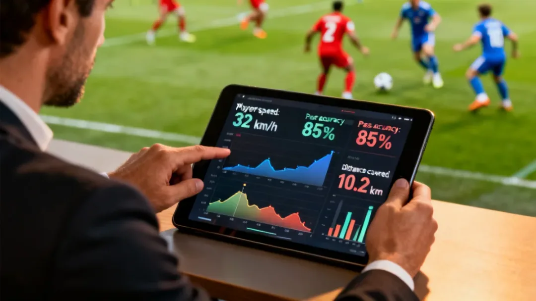 Football scout analyzing player performance data on a tablet