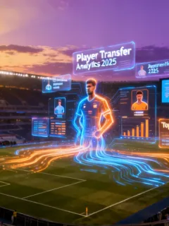 Futuristic football stadium with glowing data analytics visualizations