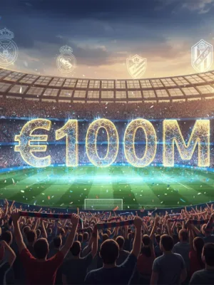 Illustration of a €100 million release clause symbol over a football stadium, representing financial impact on European clubs.
