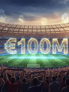 Illustration of a €100 million release clause symbol over a football stadium, representing financial impact on European clubs.
