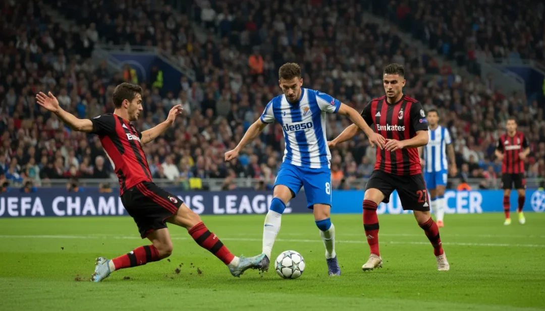 Midfielder expertly controlling the ball under pressure in a European match.
