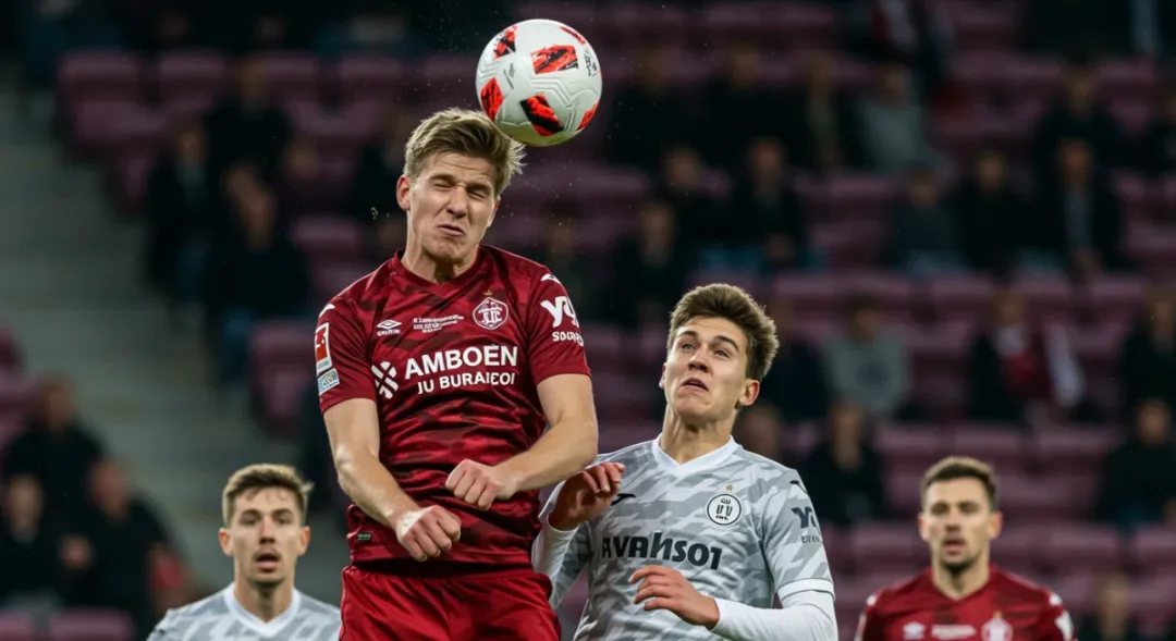 Young defender powerfully heading the ball away from danger during a professional football match.