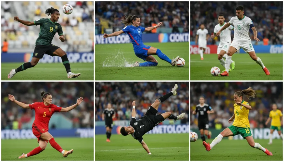 Six diverse defenders showcasing their skills in a dynamic collage