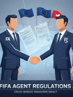 Football agent and club official shaking hands, signifying new transfer regulations for 2026.