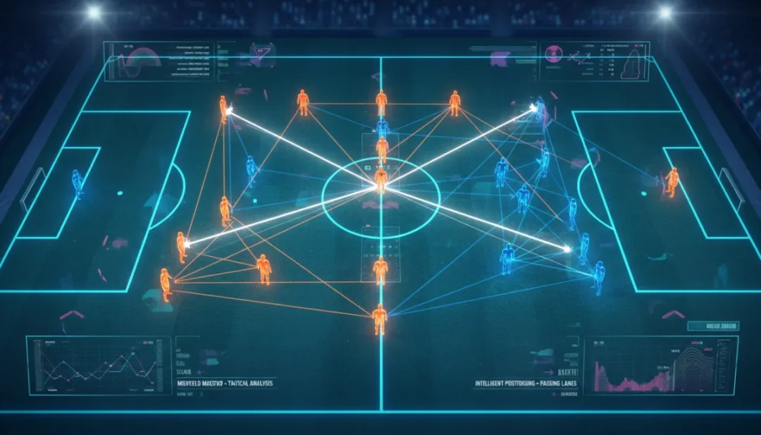 Overhead tactical view of a football pitch showing midfield strategy and player positioning.