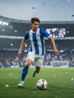 Dynamic shot of a young European midfielder dribbling in a modern stadium, focused and determined.