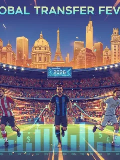 Dynamic illustration of football players and financial graphs representing 2026 transfer market activity