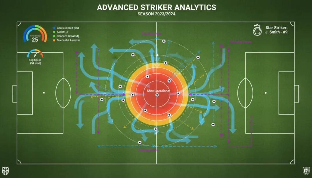Football analytics infographic with player movement and shot data