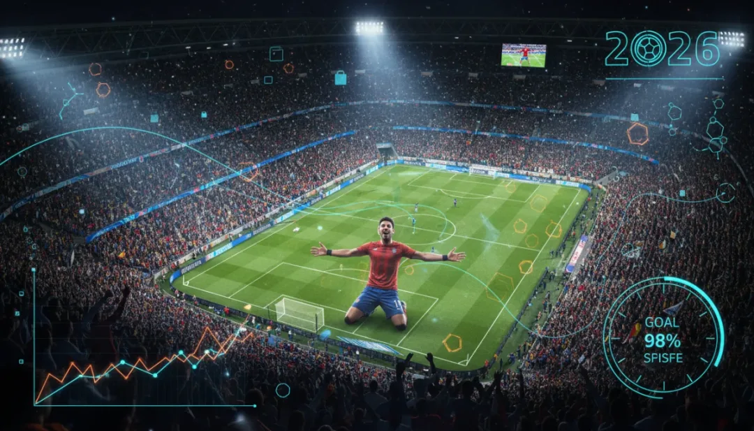 Strikers celebrate goal with data overlay 2026