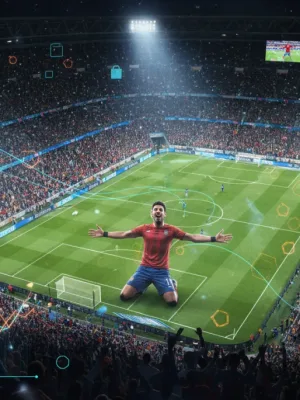 Strikers celebrate goal with data overlay 2026
