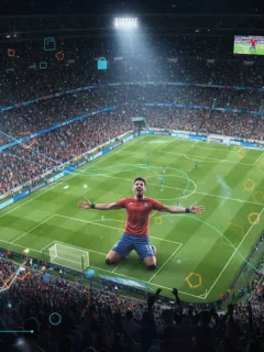 Strikers celebrate goal with data overlay 2026