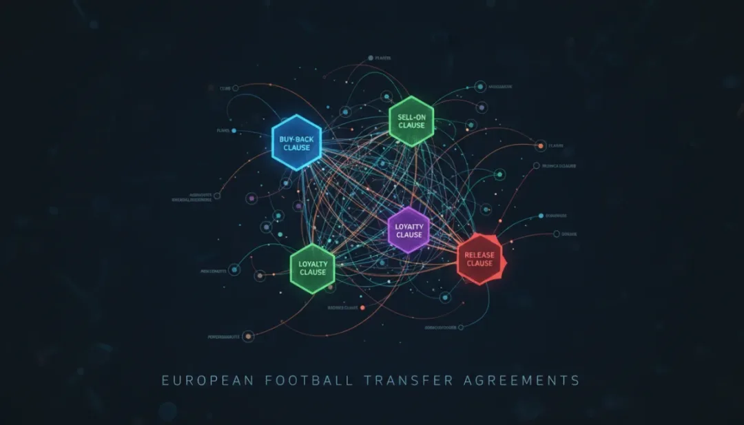 Complex network diagram illustrating the interconnected nature of various hidden clauses in European football transfer contracts.