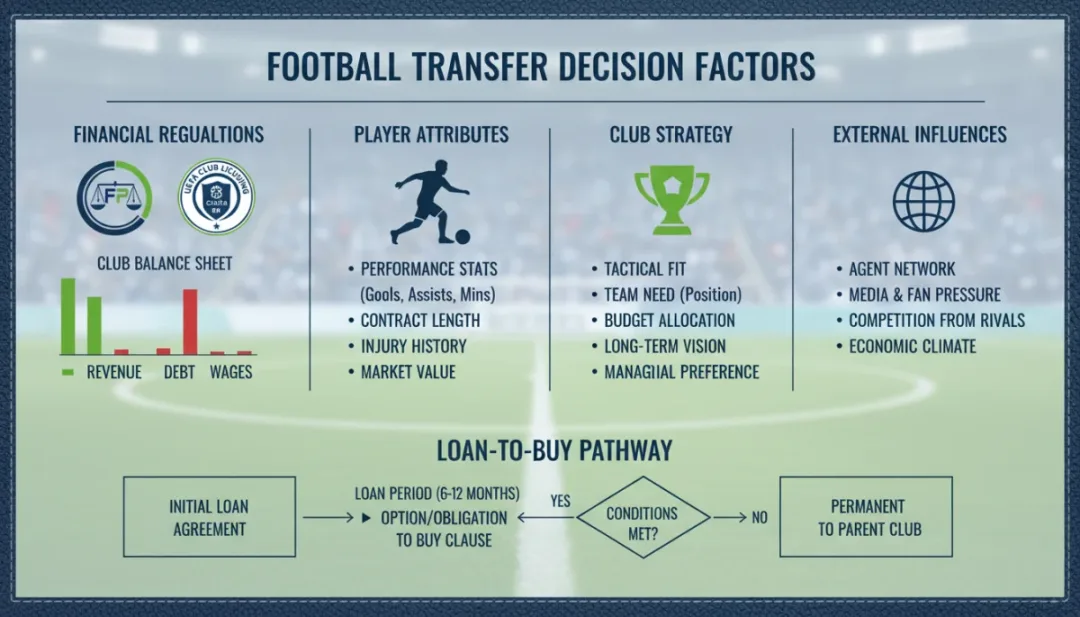 Infographic detailing financial fair play, club finances, and strategic transfer options leading to loan-to-buy deals.