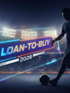 Stylized graphic representing a football transfer deal with a loan-to-buy option for 2026 summer window.