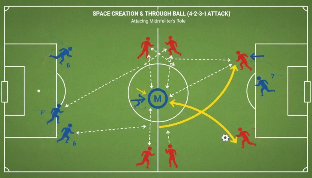 Tactical diagram showing attacking midfielder creating a goal-scoring opportunity with a through pass