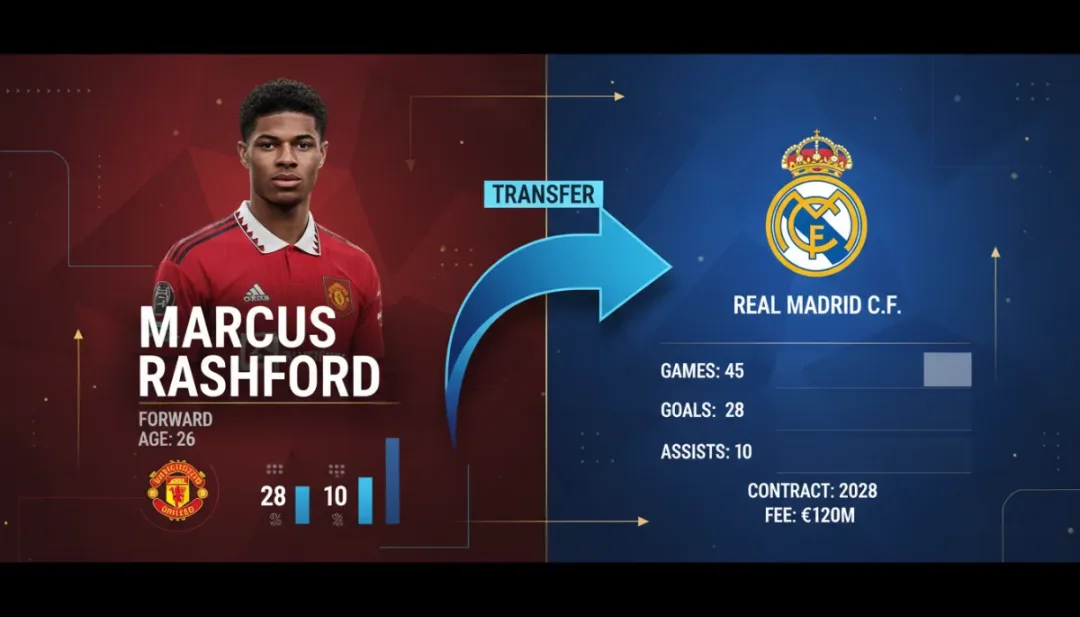 Player profile graphic with transfer arrow, illustrating a European football player movement.